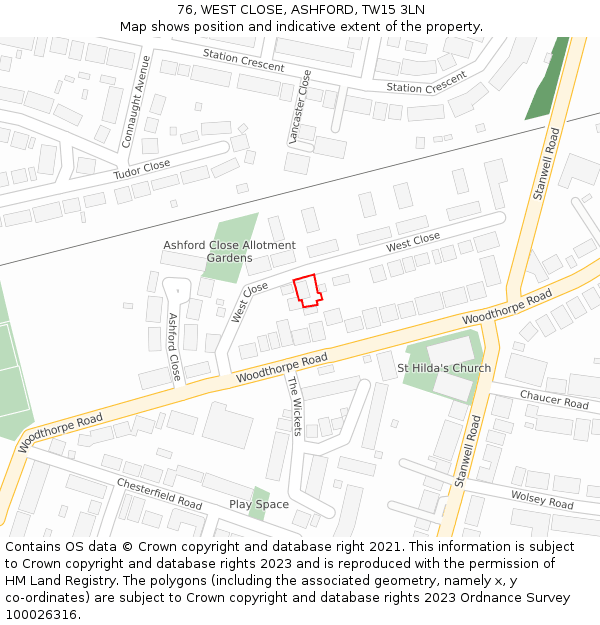 76, WEST CLOSE, ASHFORD, TW15 3LN: Location map and indicative extent of plot