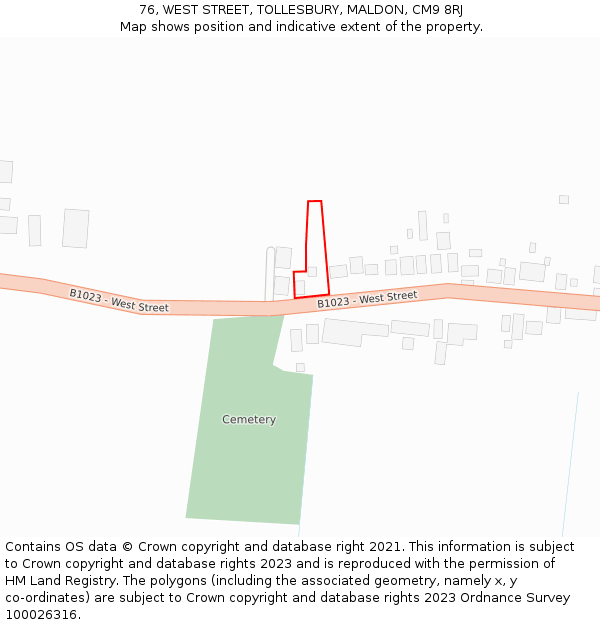 76, WEST STREET, TOLLESBURY, MALDON, CM9 8RJ: Location map and indicative extent of plot