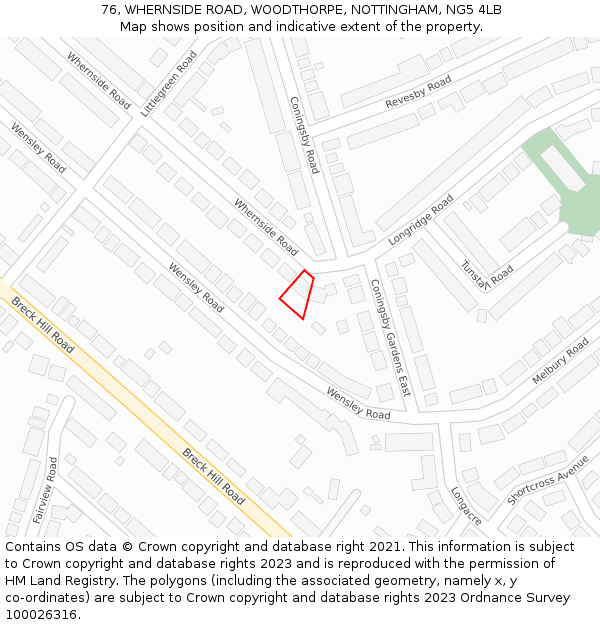 76, WHERNSIDE ROAD, WOODTHORPE, NOTTINGHAM, NG5 4LB: Location map and indicative extent of plot