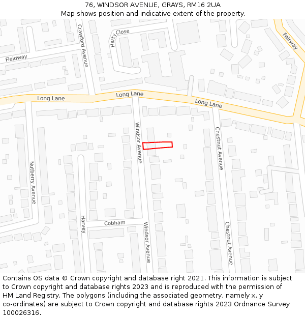 76, WINDSOR AVENUE, GRAYS, RM16 2UA: Location map and indicative extent of plot