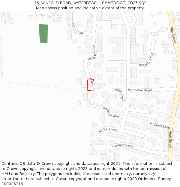 76, WINFOLD ROAD, WATERBEACH, CAMBRIDGE, CB25 9QF: Location map and indicative extent of plot