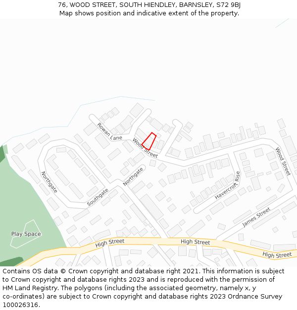 76, WOOD STREET, SOUTH HIENDLEY, BARNSLEY, S72 9BJ: Location map and indicative extent of plot