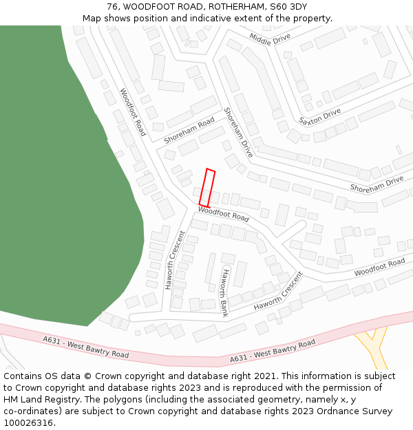 76, WOODFOOT ROAD, ROTHERHAM, S60 3DY: Location map and indicative extent of plot