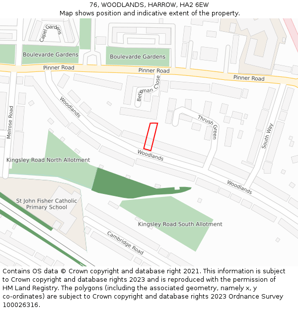 76, WOODLANDS, HARROW, HA2 6EW: Location map and indicative extent of plot