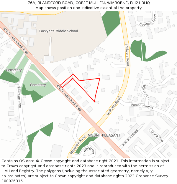 76A, BLANDFORD ROAD, CORFE MULLEN, WIMBORNE, BH21 3HQ: Location map and indicative extent of plot