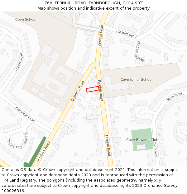 76A, FERNHILL ROAD, FARNBOROUGH, GU14 9RZ: Location map and indicative extent of plot