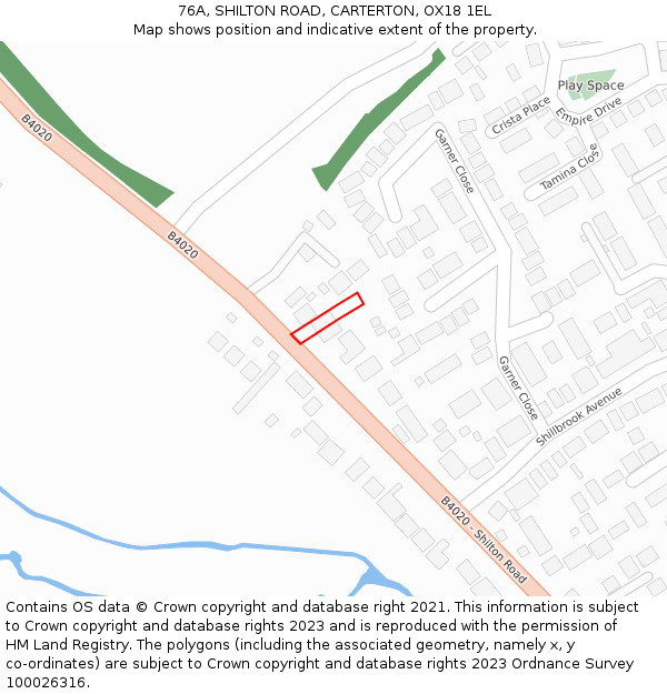 76A, SHILTON ROAD, CARTERTON, OX18 1EL: Location map and indicative extent of plot