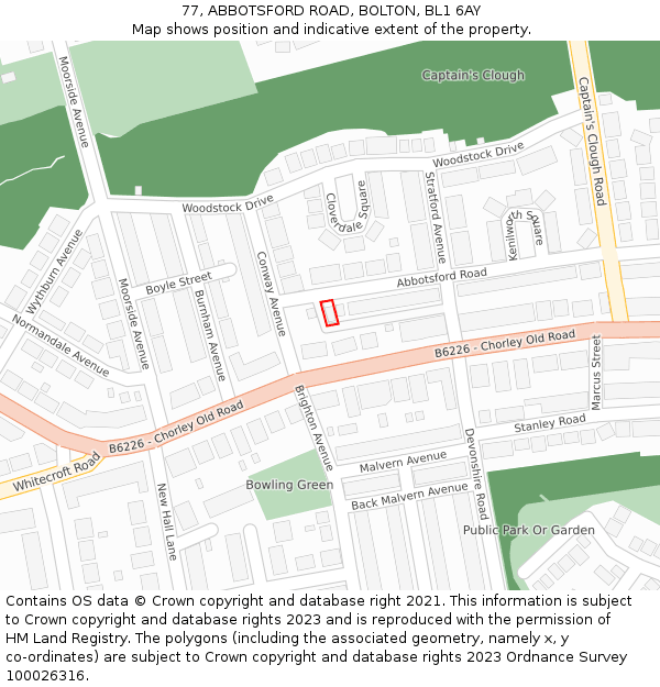 77, ABBOTSFORD ROAD, BOLTON, BL1 6AY: Location map and indicative extent of plot