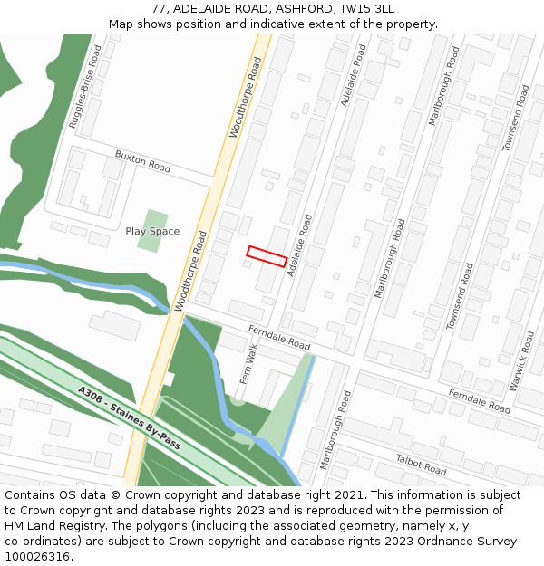 77, ADELAIDE ROAD, ASHFORD, TW15 3LL: Location map and indicative extent of plot