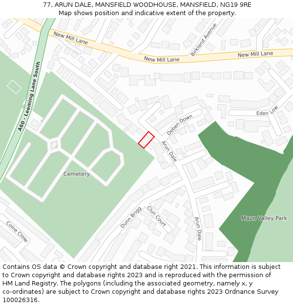 77, ARUN DALE, MANSFIELD WOODHOUSE, MANSFIELD, NG19 9RE: Location map and indicative extent of plot