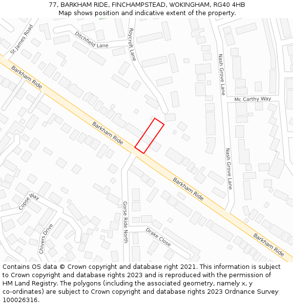 77, BARKHAM RIDE, FINCHAMPSTEAD, WOKINGHAM, RG40 4HB: Location map and indicative extent of plot