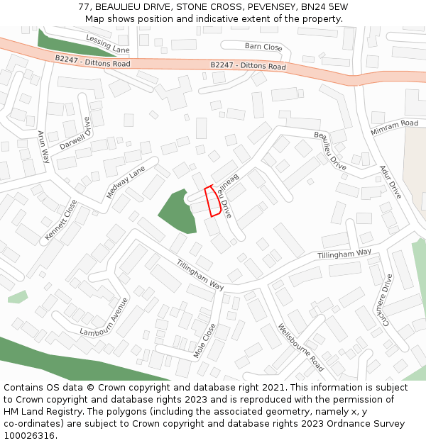 77, BEAULIEU DRIVE, STONE CROSS, PEVENSEY, BN24 5EW: Location map and indicative extent of plot