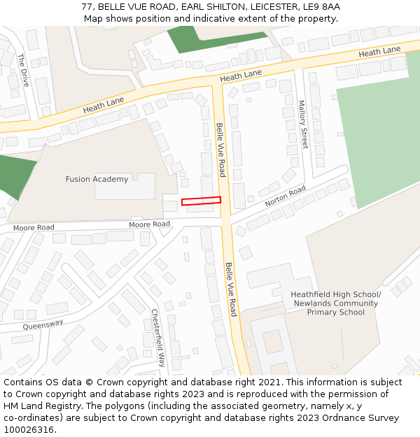 77, BELLE VUE ROAD, EARL SHILTON, LEICESTER, LE9 8AA: Location map and indicative extent of plot