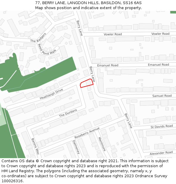 77, BERRY LANE, LANGDON HILLS, BASILDON, SS16 6AS: Location map and indicative extent of plot