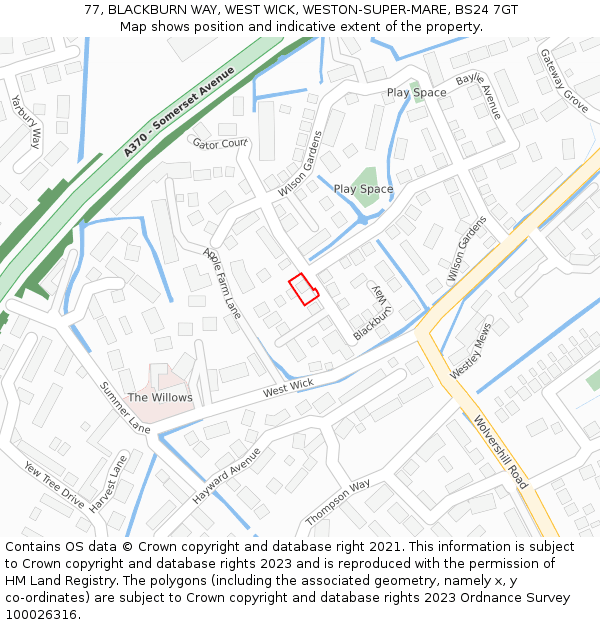 77, BLACKBURN WAY, WEST WICK, WESTON-SUPER-MARE, BS24 7GT: Location map and indicative extent of plot