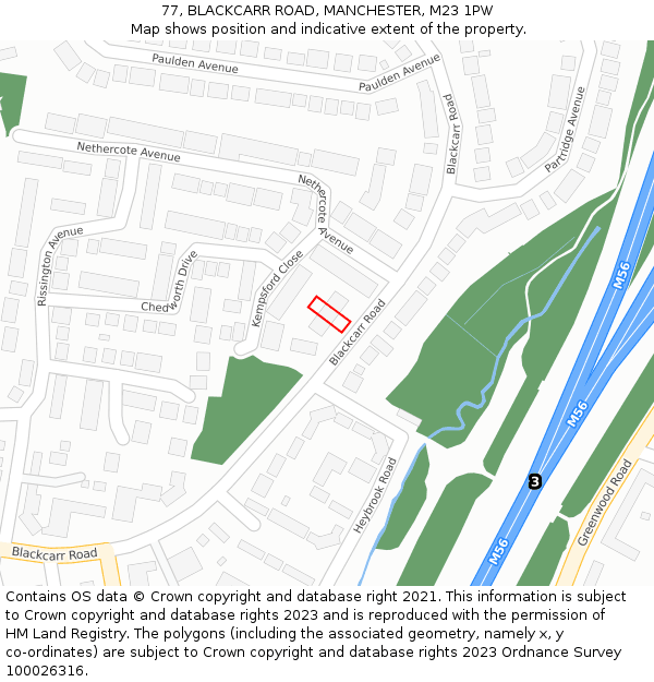 77, BLACKCARR ROAD, MANCHESTER, M23 1PW: Location map and indicative extent of plot