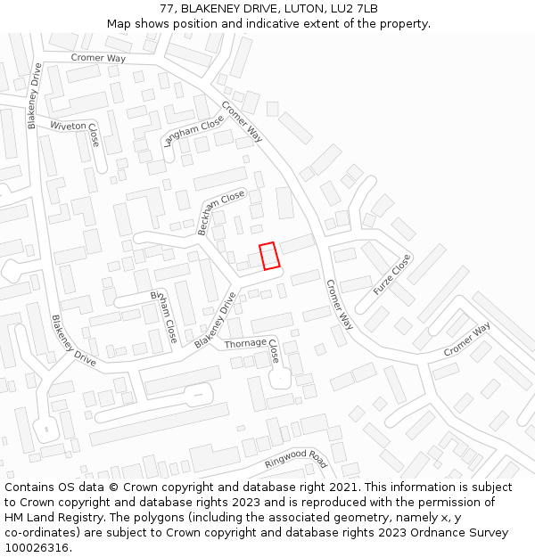77, BLAKENEY DRIVE, LUTON, LU2 7LB: Location map and indicative extent of plot
