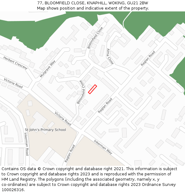 77, BLOOMFIELD CLOSE, KNAPHILL, WOKING, GU21 2BW: Location map and indicative extent of plot