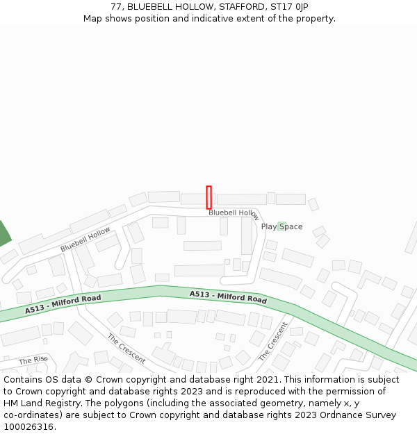 77, BLUEBELL HOLLOW, STAFFORD, ST17 0JP: Location map and indicative extent of plot