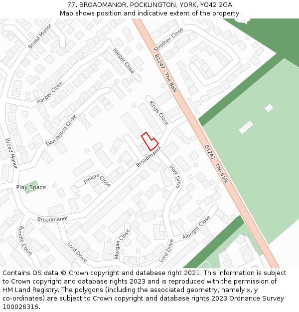 77, BROADMANOR, POCKLINGTON, YORK, YO42 2GA: Location map and indicative extent of plot