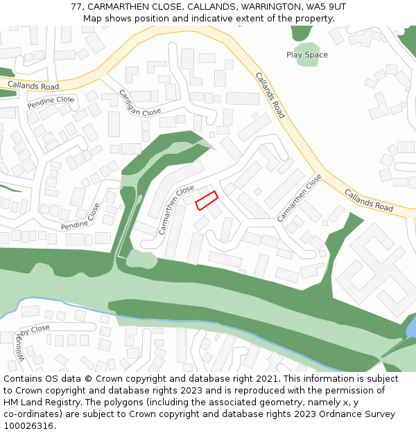 77, CARMARTHEN CLOSE, CALLANDS, WARRINGTON, WA5 9UT: Location map and indicative extent of plot