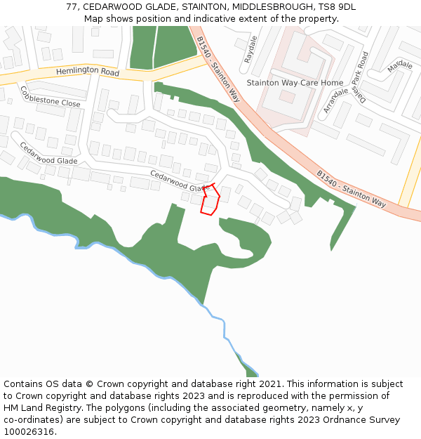 77, CEDARWOOD GLADE, STAINTON, MIDDLESBROUGH, TS8 9DL: Location map and indicative extent of plot