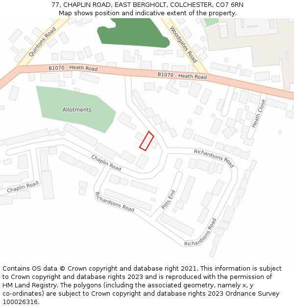 77, CHAPLIN ROAD, EAST BERGHOLT, COLCHESTER, CO7 6RN: Location map and indicative extent of plot