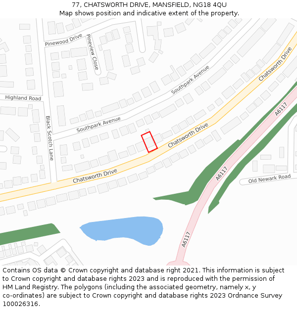 77, CHATSWORTH DRIVE, MANSFIELD, NG18 4QU: Location map and indicative extent of plot