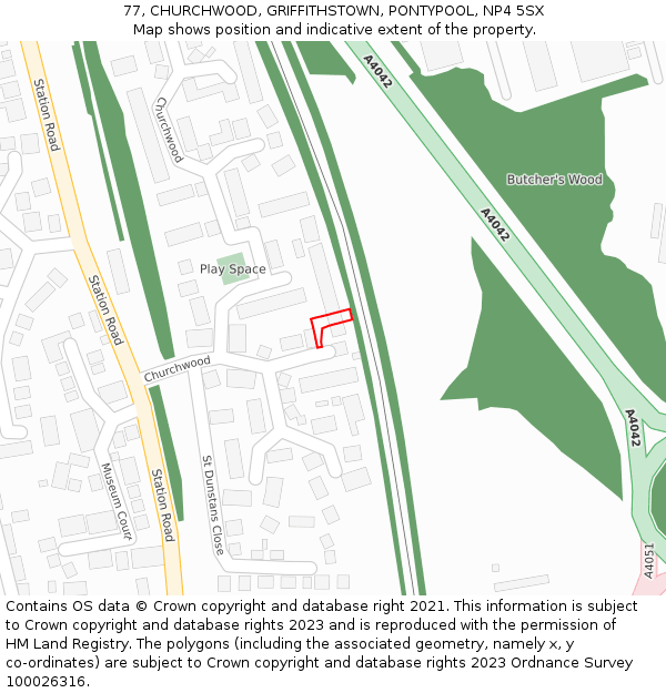 77, CHURCHWOOD, GRIFFITHSTOWN, PONTYPOOL, NP4 5SX: Location map and indicative extent of plot