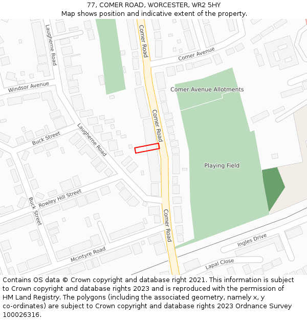 77, COMER ROAD, WORCESTER, WR2 5HY: Location map and indicative extent of plot