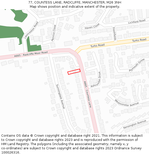 77, COUNTESS LANE, RADCLIFFE, MANCHESTER, M26 3NH: Location map and indicative extent of plot