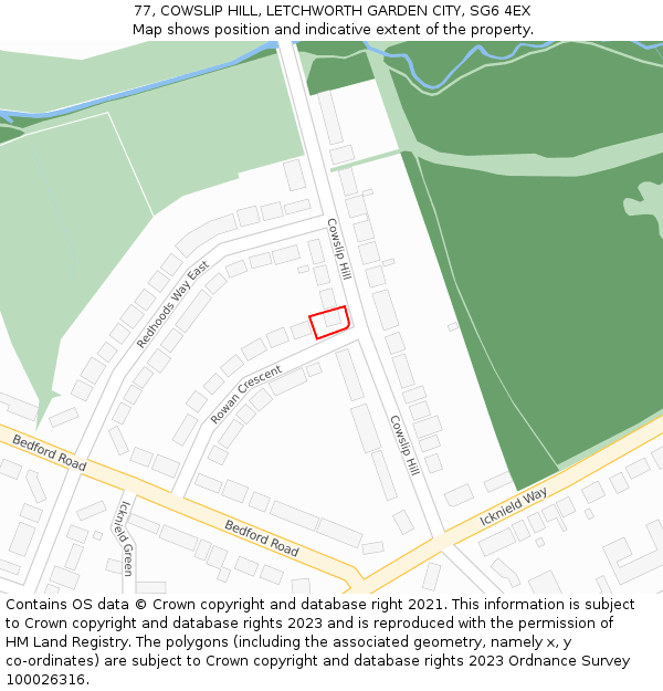 77, COWSLIP HILL, LETCHWORTH GARDEN CITY, SG6 4EX: Location map and indicative extent of plot