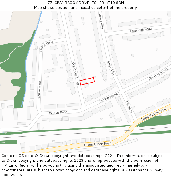 77, CRANBROOK DRIVE, ESHER, KT10 8DN: Location map and indicative extent of plot