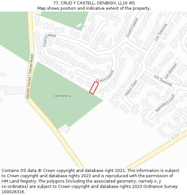 77, CRUD Y CASTELL, DENBIGH, LL16 4PJ: Location map and indicative extent of plot