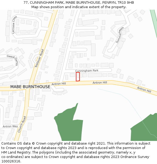 77, CUNNINGHAM PARK, MABE BURNTHOUSE, PENRYN, TR10 9HB: Location map and indicative extent of plot