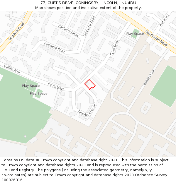 77, CURTIS DRIVE, CONINGSBY, LINCOLN, LN4 4DU: Location map and indicative extent of plot