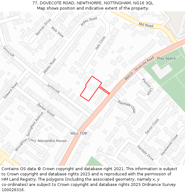 77, DOVECOTE ROAD, NEWTHORPE, NOTTINGHAM, NG16 3QL: Location map and indicative extent of plot