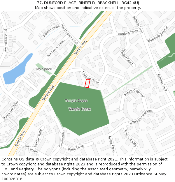 77, DUNFORD PLACE, BINFIELD, BRACKNELL, RG42 4UJ: Location map and indicative extent of plot