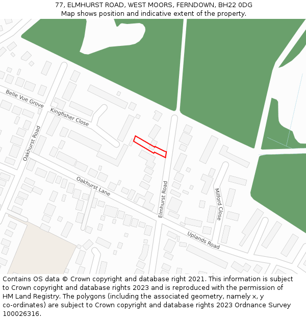 77, ELMHURST ROAD, WEST MOORS, FERNDOWN, BH22 0DG: Location map and indicative extent of plot