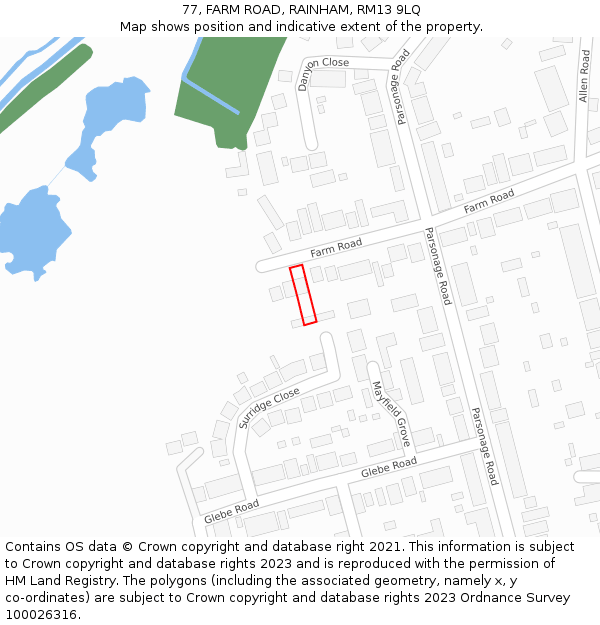 77, FARM ROAD, RAINHAM, RM13 9LQ: Location map and indicative extent of plot