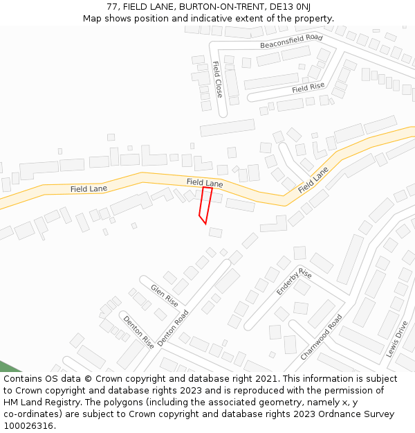 77, FIELD LANE, BURTON-ON-TRENT, DE13 0NJ: Location map and indicative extent of plot