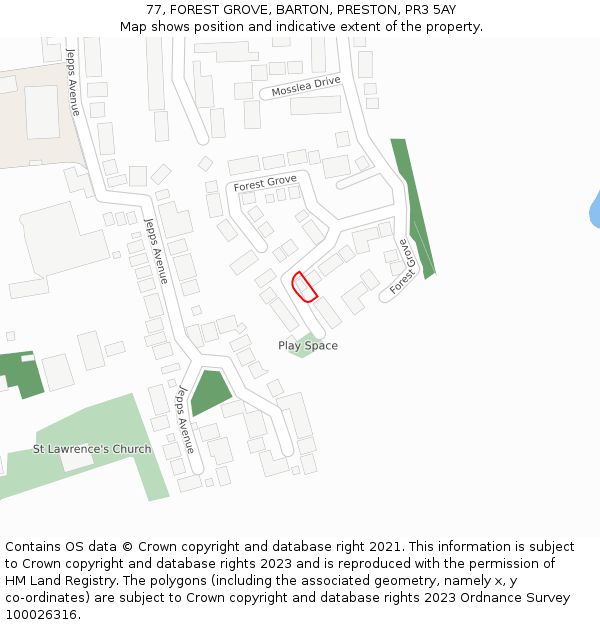 77, FOREST GROVE, BARTON, PRESTON, PR3 5AY: Location map and indicative extent of plot