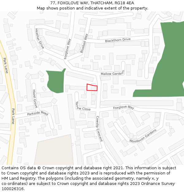 77, FOXGLOVE WAY, THATCHAM, RG18 4EA: Location map and indicative extent of plot
