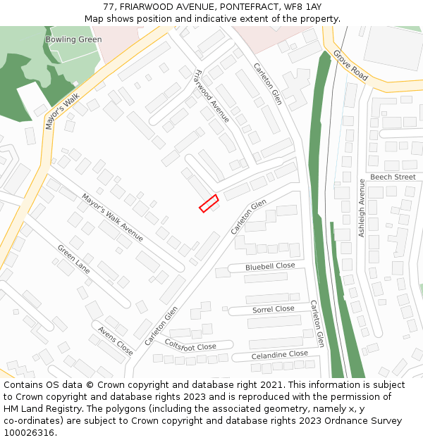 77, FRIARWOOD AVENUE, PONTEFRACT, WF8 1AY: Location map and indicative extent of plot