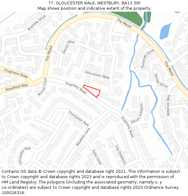 77, GLOUCESTER WALK, WESTBURY, BA13 3XF: Location map and indicative extent of plot