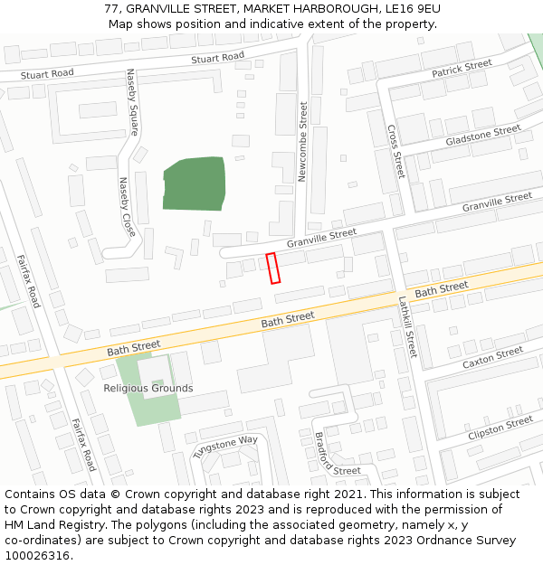 77, GRANVILLE STREET, MARKET HARBOROUGH, LE16 9EU: Location map and indicative extent of plot