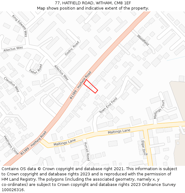 77, HATFIELD ROAD, WITHAM, CM8 1EF: Location map and indicative extent of plot