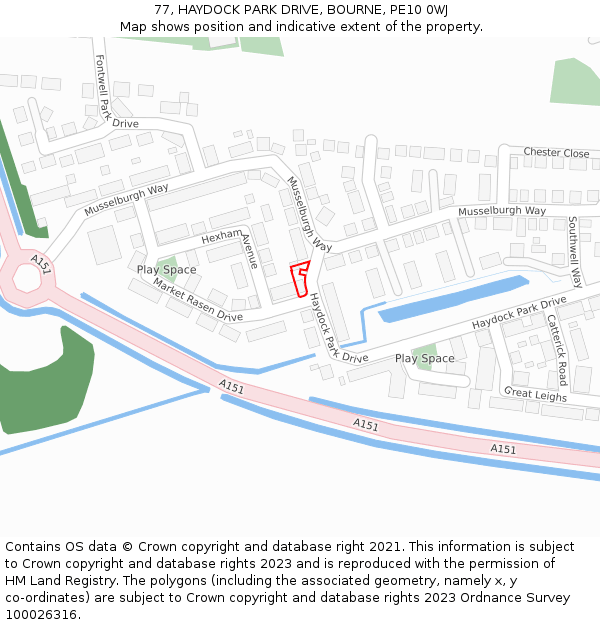 77, HAYDOCK PARK DRIVE, BOURNE, PE10 0WJ: Location map and indicative extent of plot