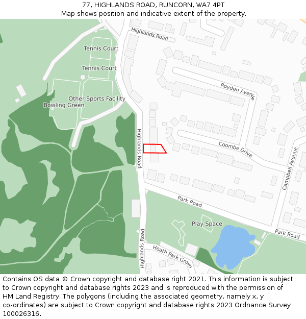 77, HIGHLANDS ROAD, RUNCORN, WA7 4PT: Location map and indicative extent of plot