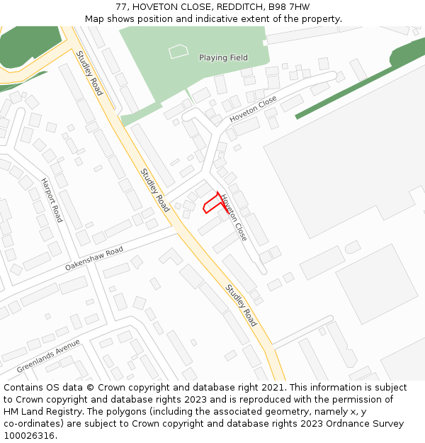 77, HOVETON CLOSE, REDDITCH, B98 7HW: Location map and indicative extent of plot